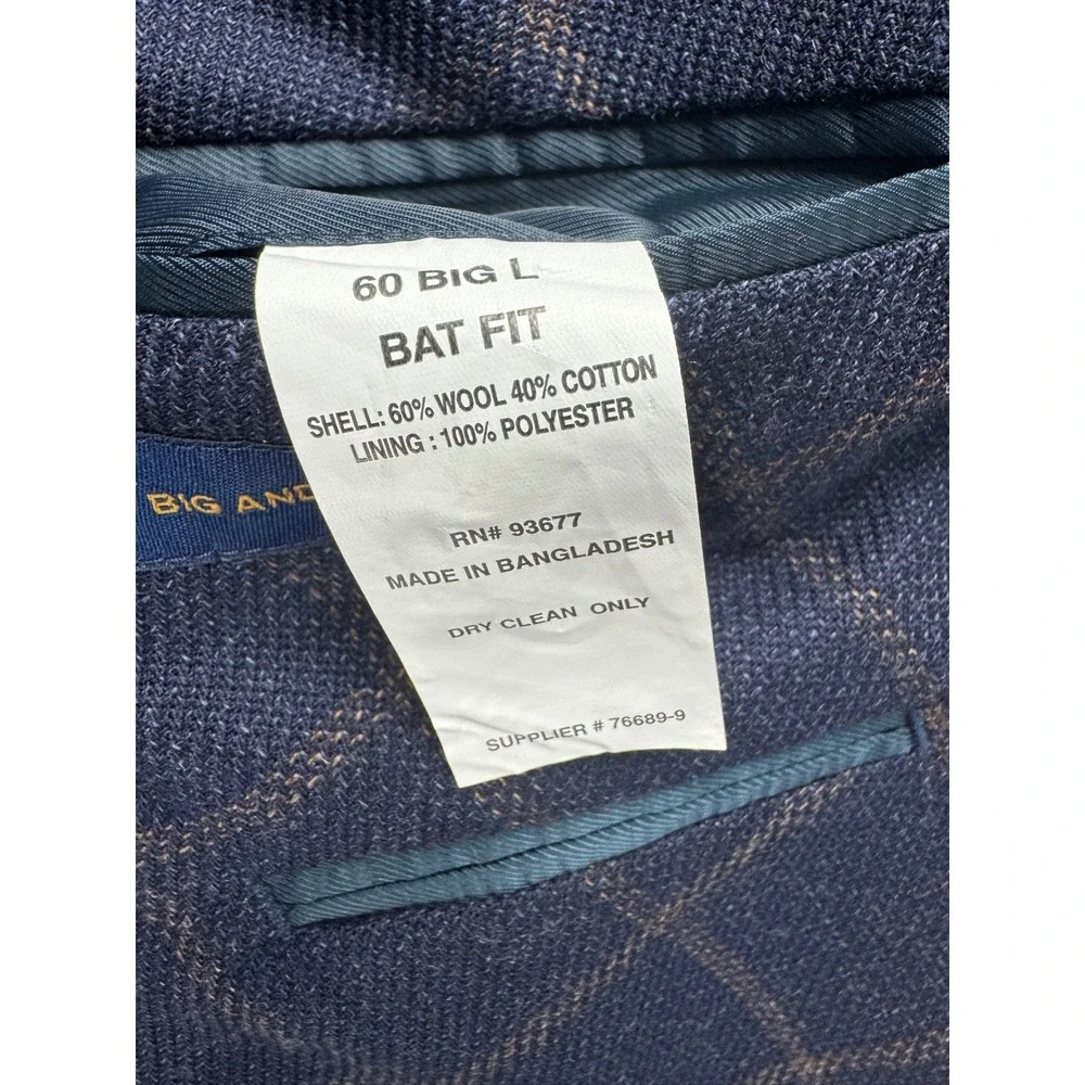 Stafford Big & Tall Navy Windowpane Wool Blend Sport Coat Blazer 60L New